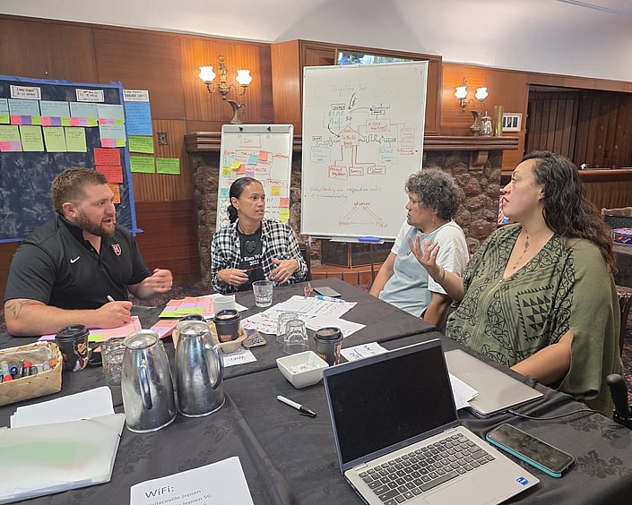 Team discussion around a table with laptops and notes, sharing ideas during a workshop session.