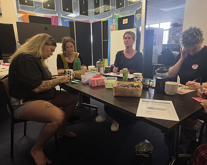 Small group collaborating at a table with notes, markers, and workshop materials.