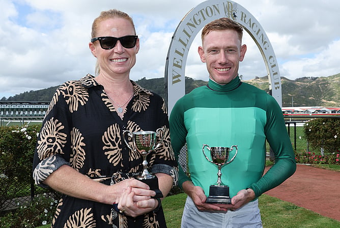 Trainer Kylie Hoskin pictured with jockey Rory Hutchings following Geneva's victory in the Gr.3 Higgins Concrete Manawatu Classic (2100m).  - Photo: Peter Rubery (Race Images)