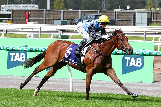 Satono Glow powers to victory in the Gr.3 TBV Thoroughbred Breeders&rsquo; Stakes (1200m) at Flemington on Saturday.  - Photo: Bruno Cannatelli