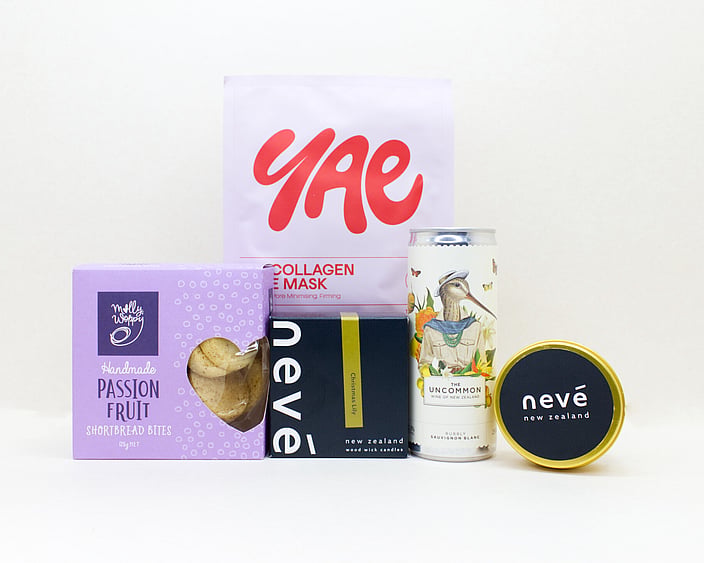 A Little Self-Care gift box NZ — NZ-made self-care gift box with candle, wine, face mask and cookies