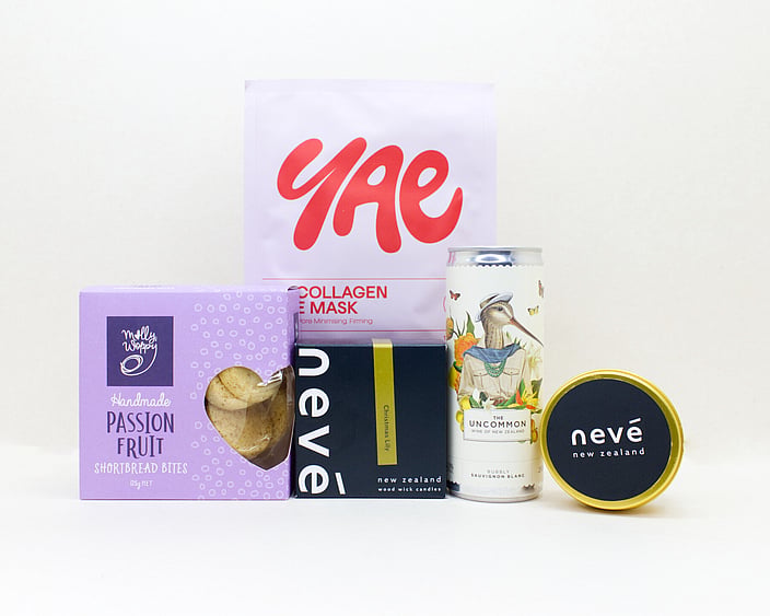 A Little Self-Care gift box NZ — NZ-made self-care gift box with candle, wine, face mask and cookies
