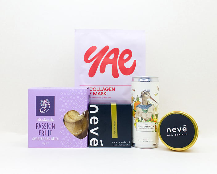 A Little Self-Care gift box NZ — NZ-made self-care gift box with candle, wine, face mask and cookies