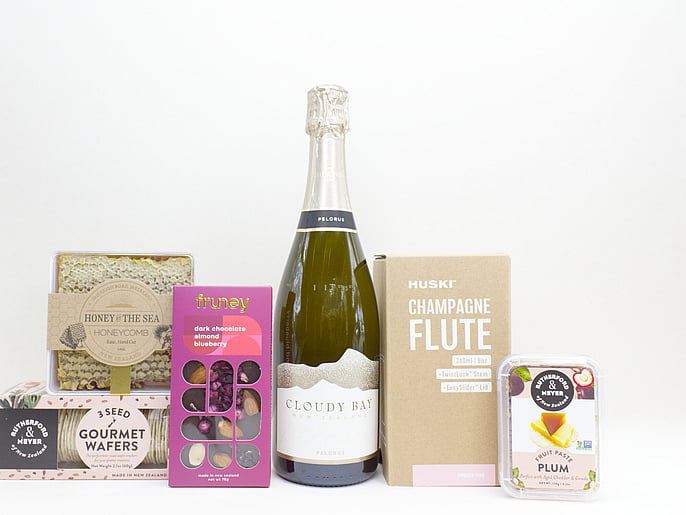 Sweet and Sparkling gift box NZ — premium NZ-made gift box with Cloudy Bay, Fruney chocolate, Huski flute and honey comb