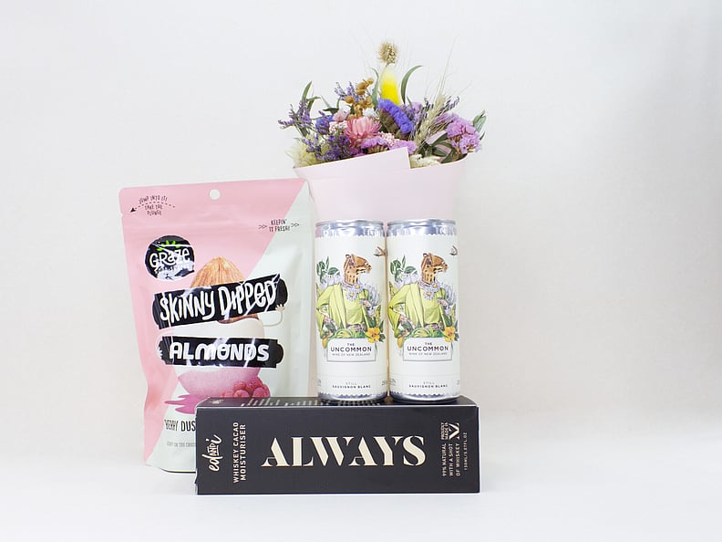Everlasting gift box NZ — NZ-made gift box with dried flowers, moisturiser, wine and almonds