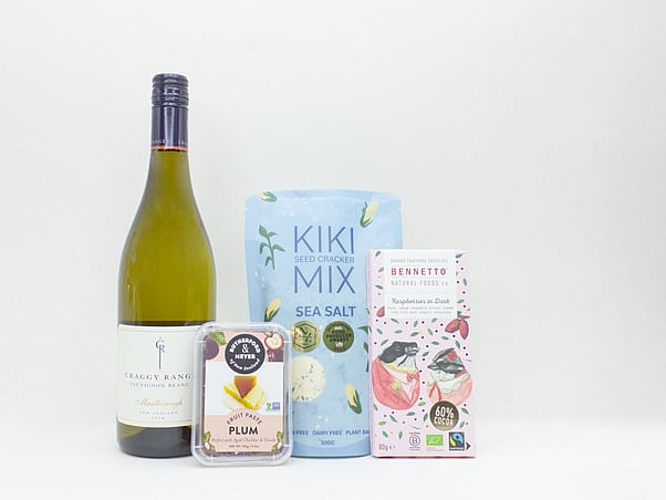 NZ wine-themed relaxation box with gourmet snacks