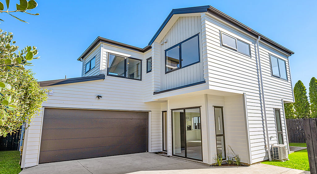Close up view of Eden Construction’s new build house on Mountain Road, Mangere Bridge, Auckland.