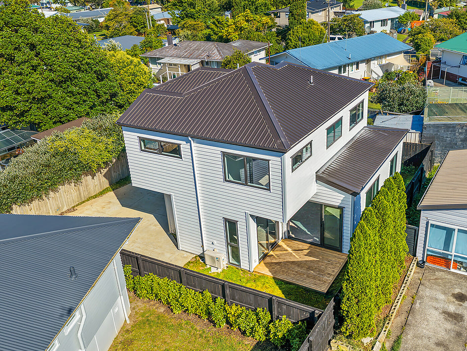 Back property view of Eden Construction’s new build house on Mountain Road, Mangere Bridge, Auckland.