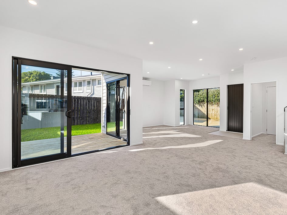 Living space view of Eden Construction’s new build house on Mountain Road, Mangere Bridge, Auckland.