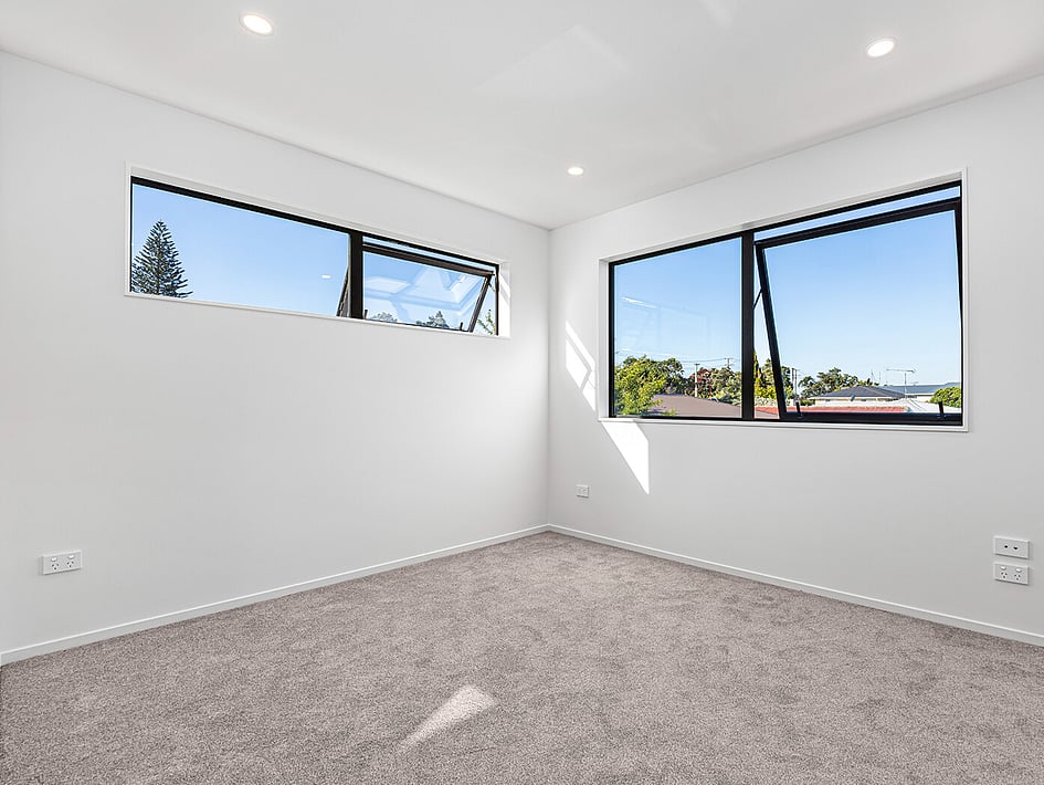 New neutral bedroom in Eden Construction’s new build house on Mountain Road, Mangere Bridge, Auckland.