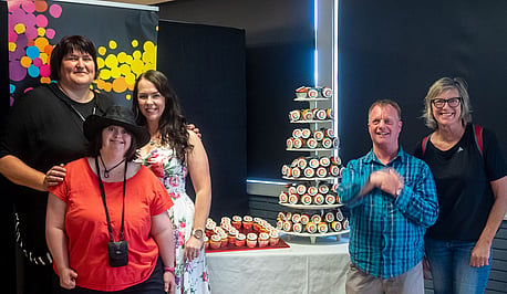 Celebrating Enrich Plus’ 30th birthday - l-r Karen Scott, chief executive, Shannon Clark, Maree Haddon-Silby, board member, Caleb Wickenden, Shelley Blair, service manager.