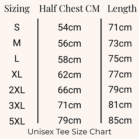 unisex tee measurement chart from coffee and moo