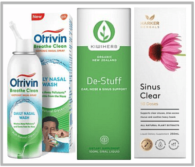 Otrivin Breathe, Kiwi Herb De-Stuff & Harker Herbals Sinus Clear.