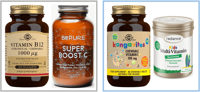 Adults: Solgar Vitamin B12 & BePure Super Boost C. -Children: Solgar Vitamin C Kangavites & Radiance Kids Multivitamin Gummies.
