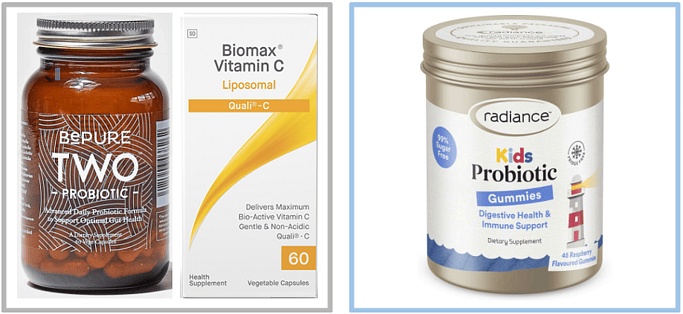 Adults: Be Pure Two Probiotic & Coyne Healthcare Biomax Liposomal Vitamin C. -Children: Radiance Kids Probiotic Gummies.