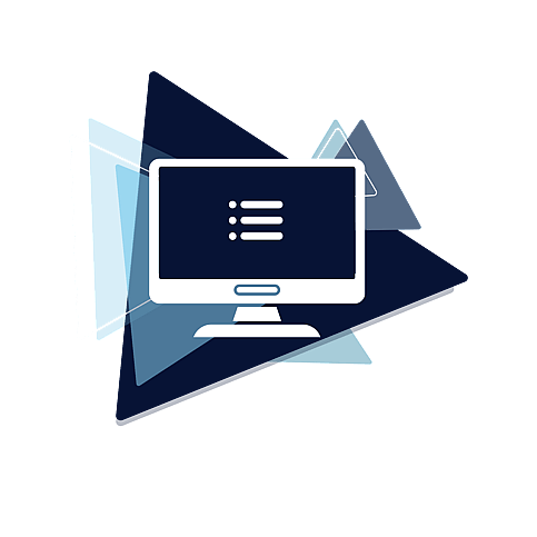 Branded Icon of a computer screen with a list on the screen,  on navy blue and light blue geometric triangles