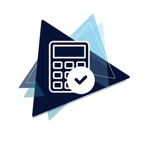 Branded Icon of a calculator and check mark,  on navy blue and light blue geometric triangles