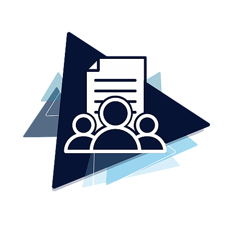 Branded Icon of 3 people in front of a document,  on navy blue and light blue geometric triangles