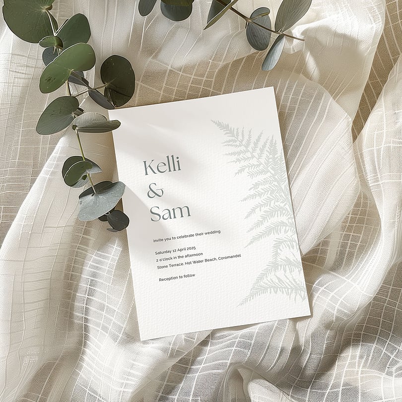 Minimal wedding invitation with silver fern motif and neutral styling | Wedding Invitations NZ