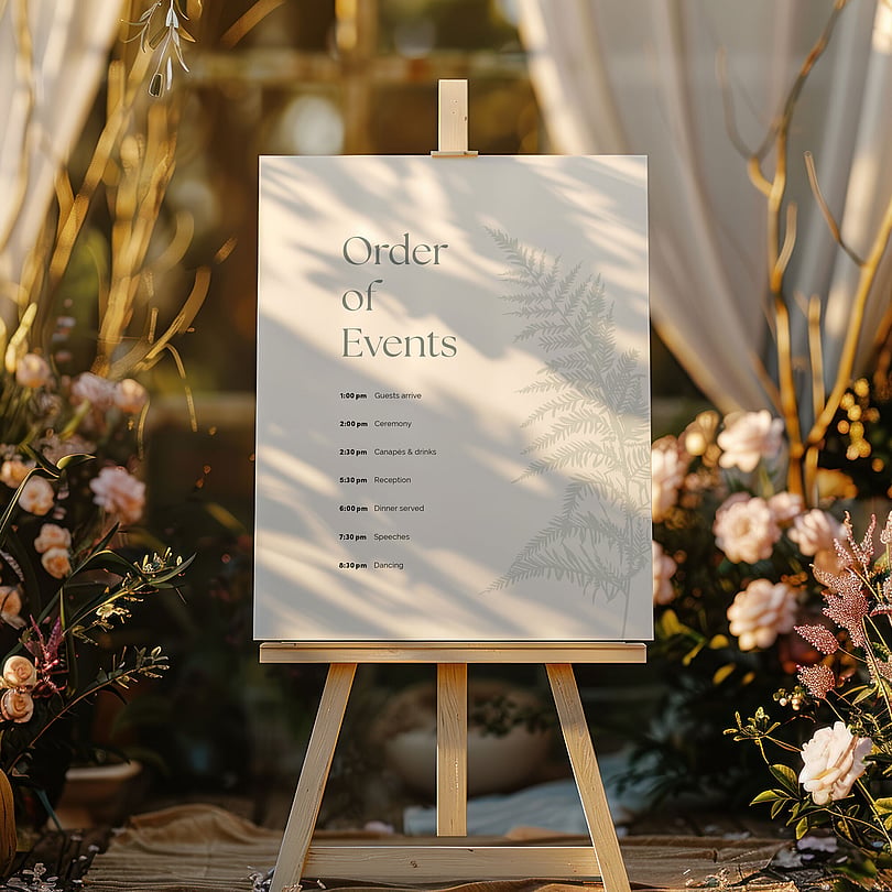 Order of events wedding signage with silver fern design and neutral tones | Wedding Invitations NZ