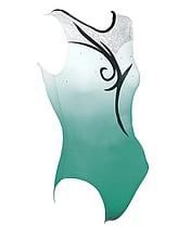 Sleeveless Gymnastics Leotard with colour fade in Jade Green Foil Fabric with black spiral pattern on front