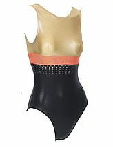 Sleeveless Gymnastics Leotard in black orange and yellow with line pattern 