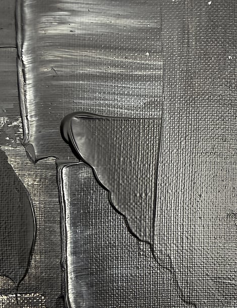 black and pale cream acrylic on linen, smooth drag marks with impasto ridge, pooled paint edge, satin surface, exposed weave