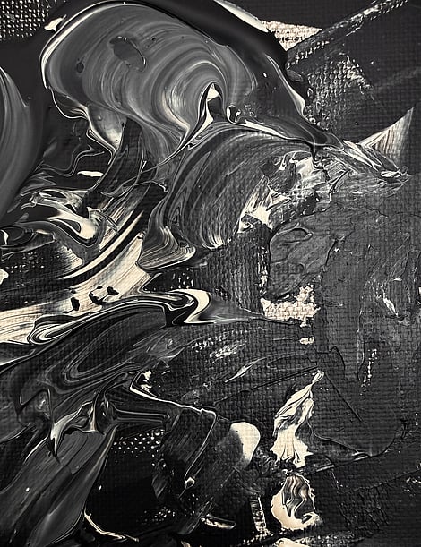 black and pale cream acrylic on linen, thick impasto swirl with marbled blending, pooled edges, glossy surface, visible linen weave