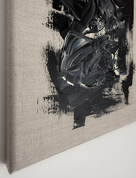 black and pale cream acrylic on linen, impasto buildup over raw linen edge, dragged paint marks, matte and gloss contrast, exposed weave