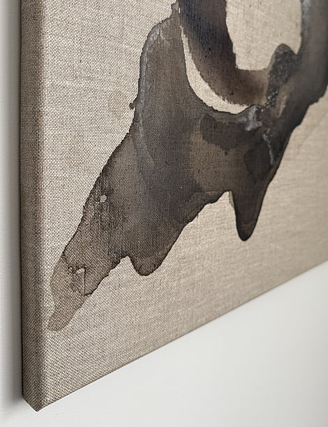 side view of layered acrylic ink forms on linen, with soft bleed edges, exposed linen weave and canvas depth