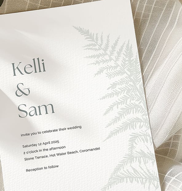 Silver fern wedding stationery suite New Zealand elegant minimal invitations