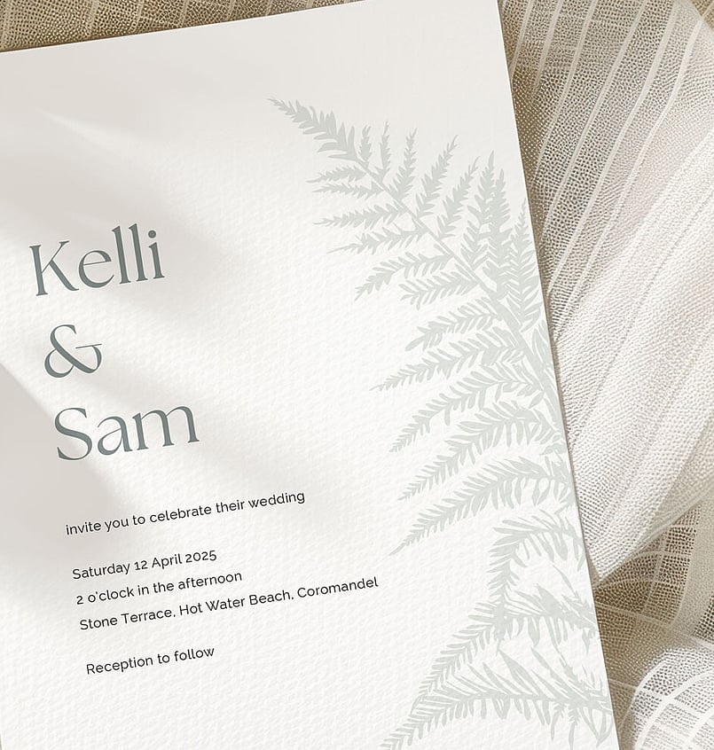 Silver fern wedding stationery suite New Zealand elegant minimal invitations
