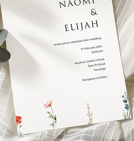 Wildflower wedding stationery suite New Zealand elegant minimal invitations