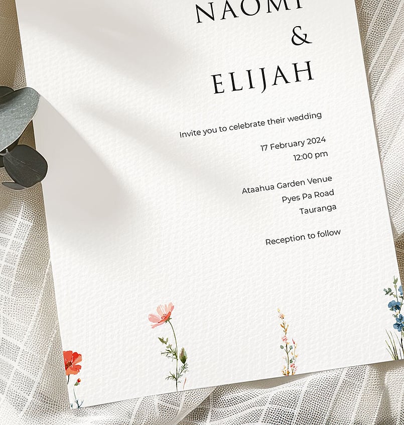 Wildflower wedding stationery suite New Zealand elegant minimal invitations