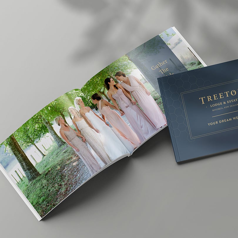Printed wedding venue brochure design for Treetops Lodge brand collateral