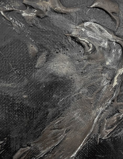 black and brown acrylic and ink on linen, thick impasto with mineral compound, brown and cream blending, pitted texture, dense ridges