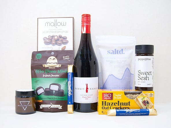 After Dinner Mint gift box NZ — NZ-made gift box with red wine, chocolate, candle and bath salts