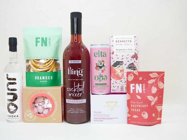 Pink Cocktail gift box NZ — NZ-made cocktail gift box with vodka, chocolate, candle and cocktail treats