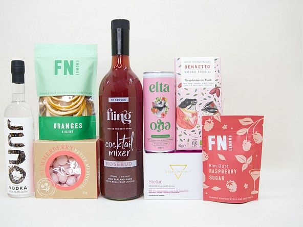 Pink Cocktail gift box NZ — NZ-made cocktail gift box with vodka, chocolate, candle and cocktail treats