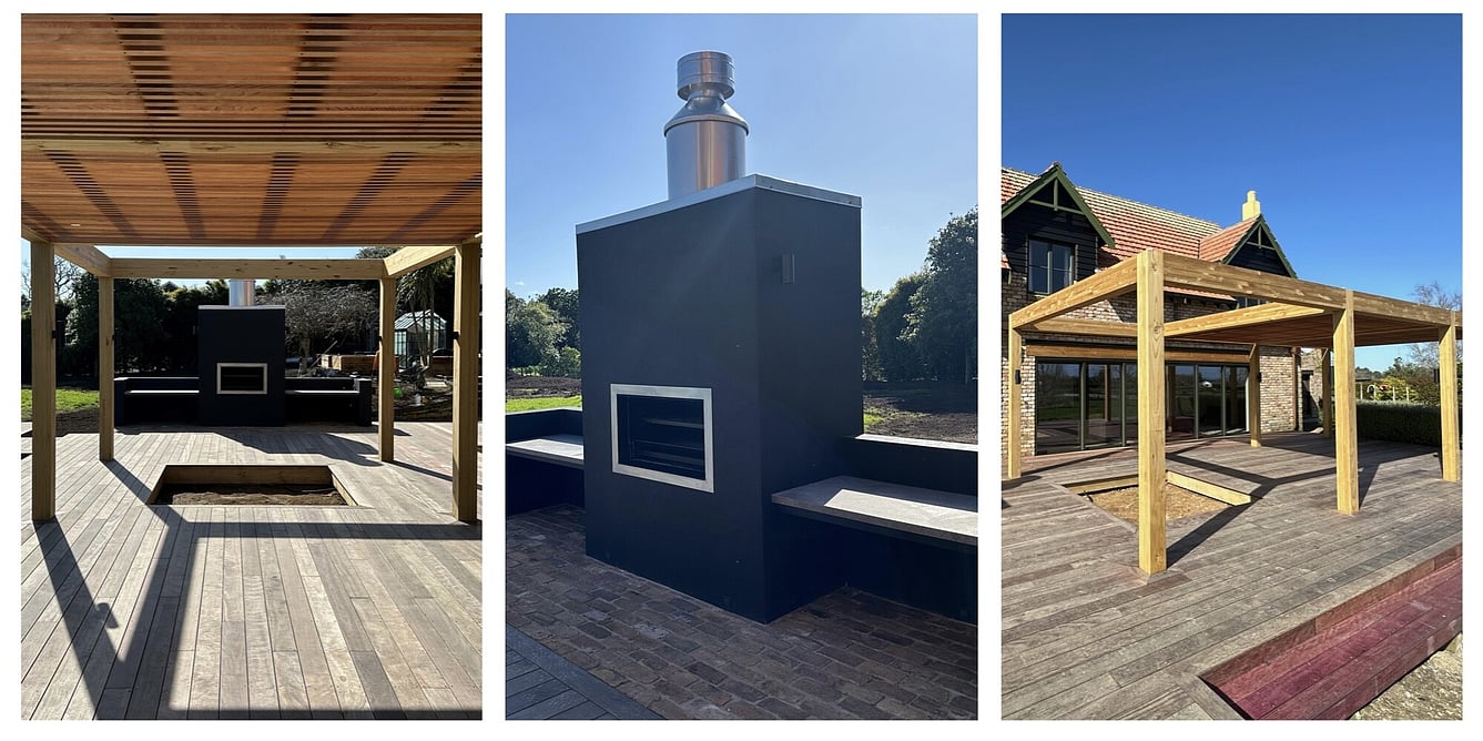 Exterior Additions to Karaka Home with pergola and built in fire place