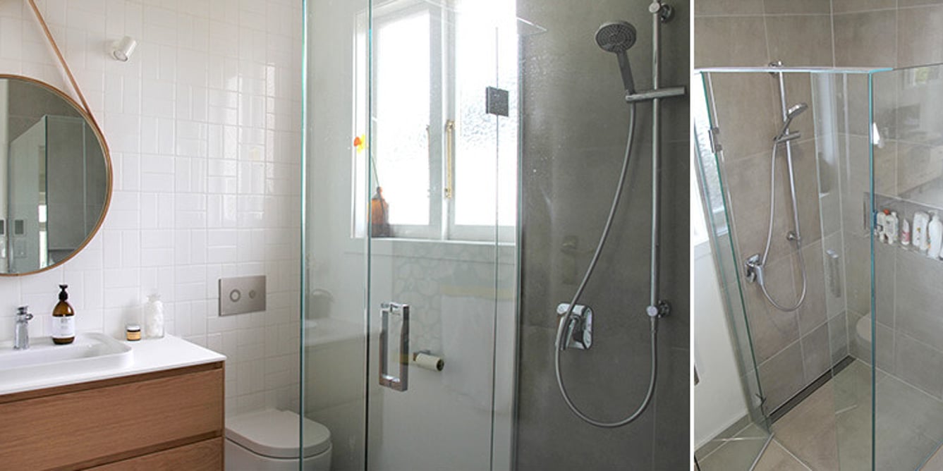 Ensuite renovation with feature tiling and woodgrain vanity