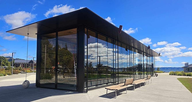 Te Arawa Whare Waka, Rotorua Lakefront. Glazing completed by our team.