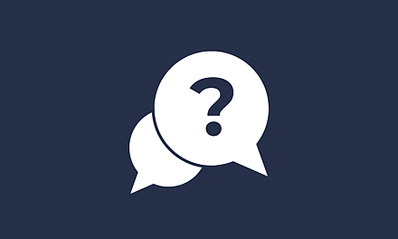 An icon of two speech bubbles with a question mark inside on a dark blue background.