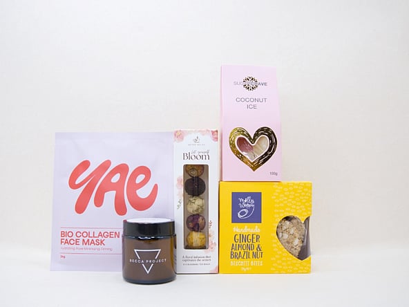 YAE FACE MASK, BECCA CANDLE, BLOOM TEA BALLS, COCONUT ICE, MOLLY WOPPY
