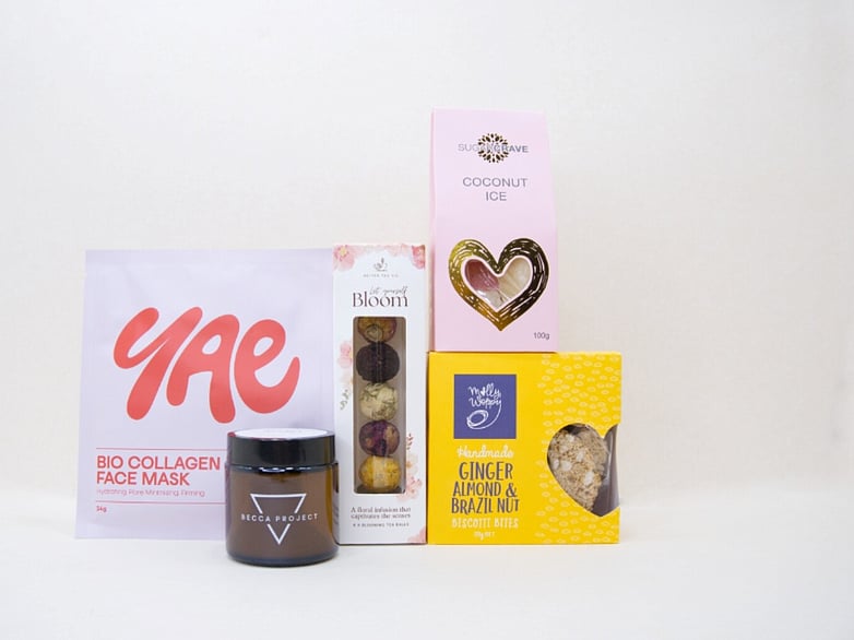 Blooming Tea gift box NZ &mdash; premium NZ-made gifts including Better Tea Co, Molly Woppy biscotti and YAE face mask