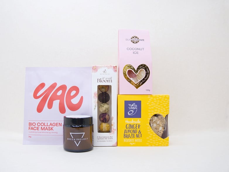 Blooming Tea gift box NZ — premium NZ-made gifts including Better Tea Co, Molly Woppy biscotti and YAE face mask