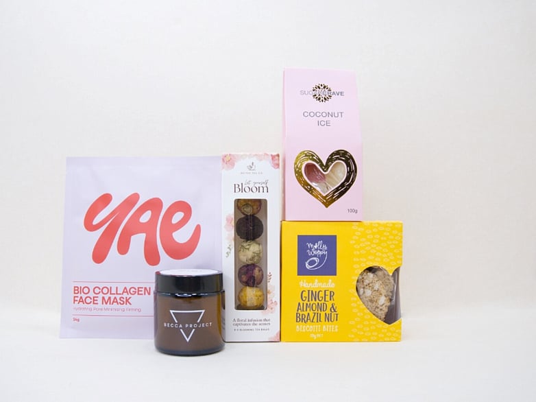 Blooming Tea gift box NZ — premium NZ-made gifts including Better Tea Co, Molly Woppy biscotti and YAE face mask