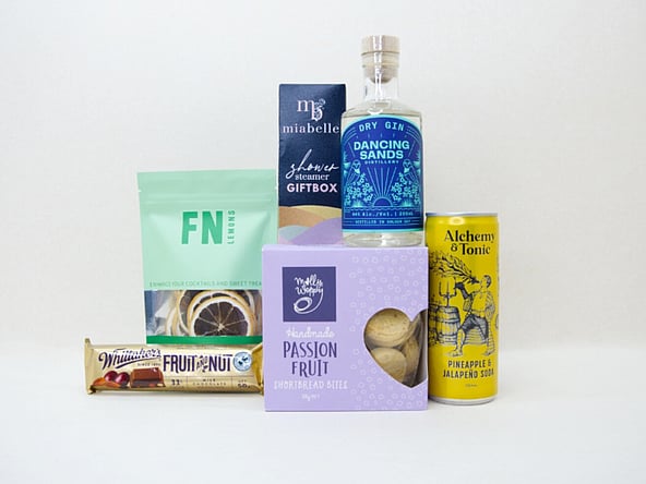 DANCING SAND GIN, FN LEMONS, MOLLY WOPPY, MIABELLE BELLE SHOWER STEAMERS, FRUIT & NUT CHOCOLATE