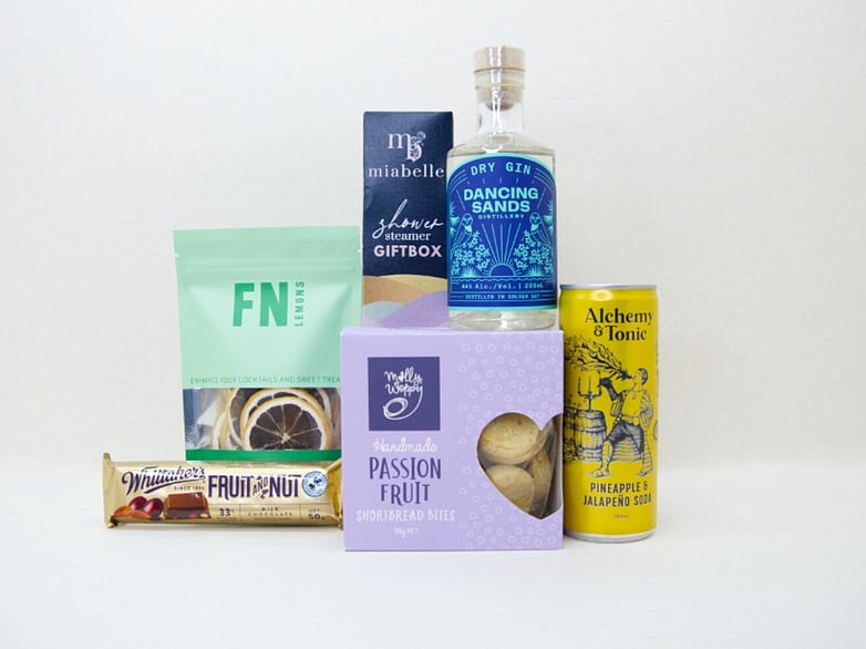Gin Night In gift box NZ — premium NZ-made gifts including Dancing Sands gin, Miabelle shower steamers and Whittakers chocolate