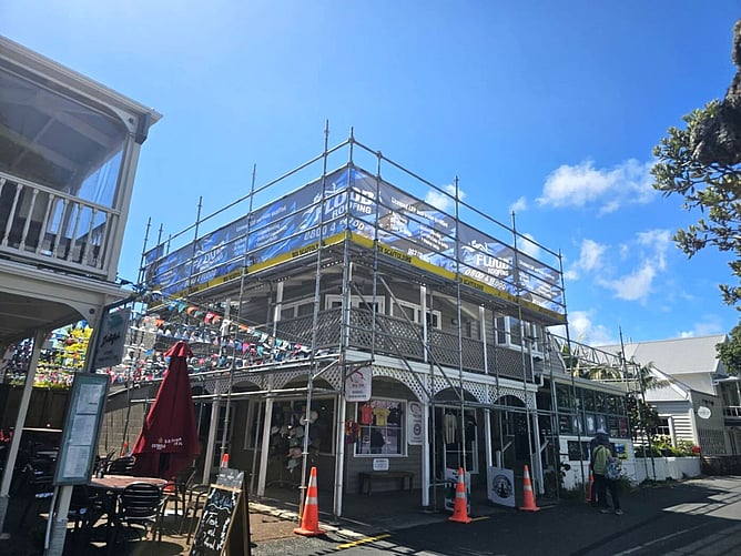 scaffolding around a two storey business being reroofed